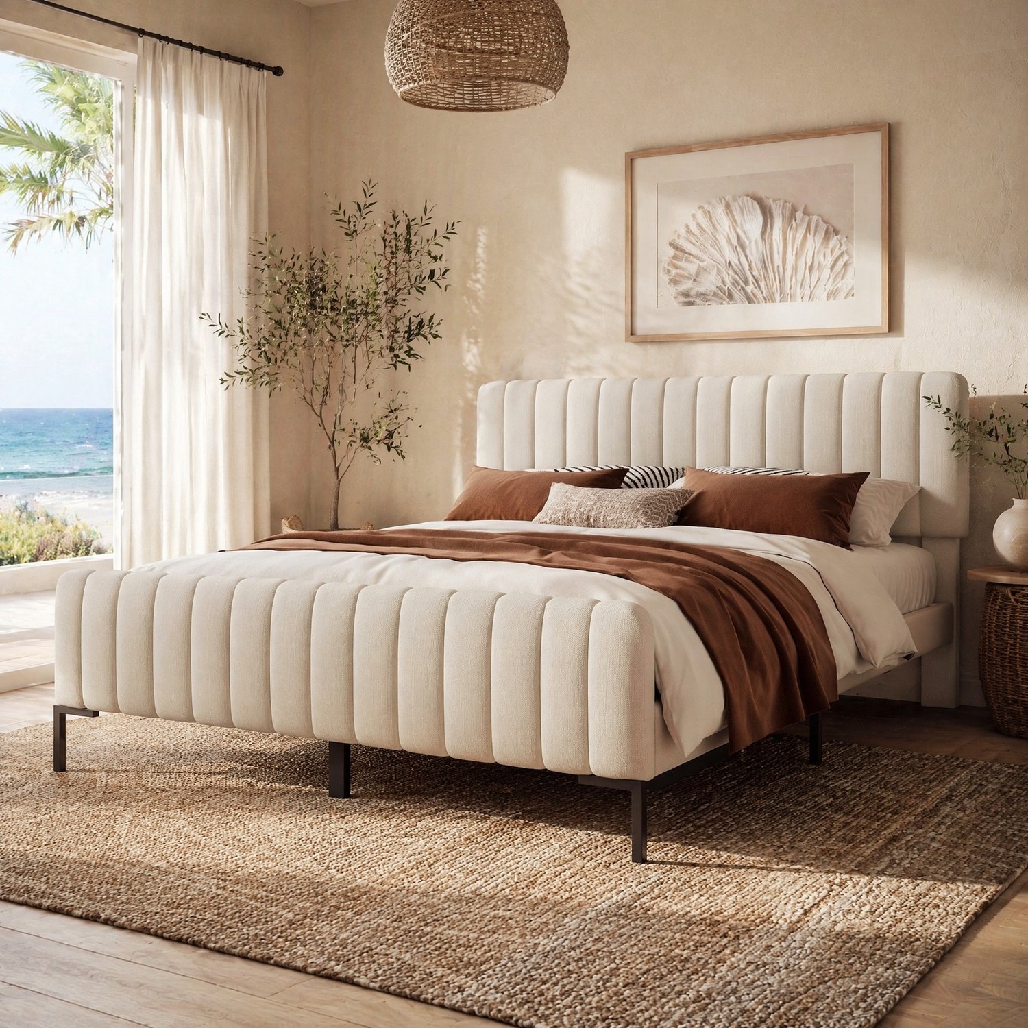 Maisentiel Gestoffeerd tweepersoonsbed 140 x 200 cm met lattenbodem en verstelbaar hoofdeinde - grijs-beige