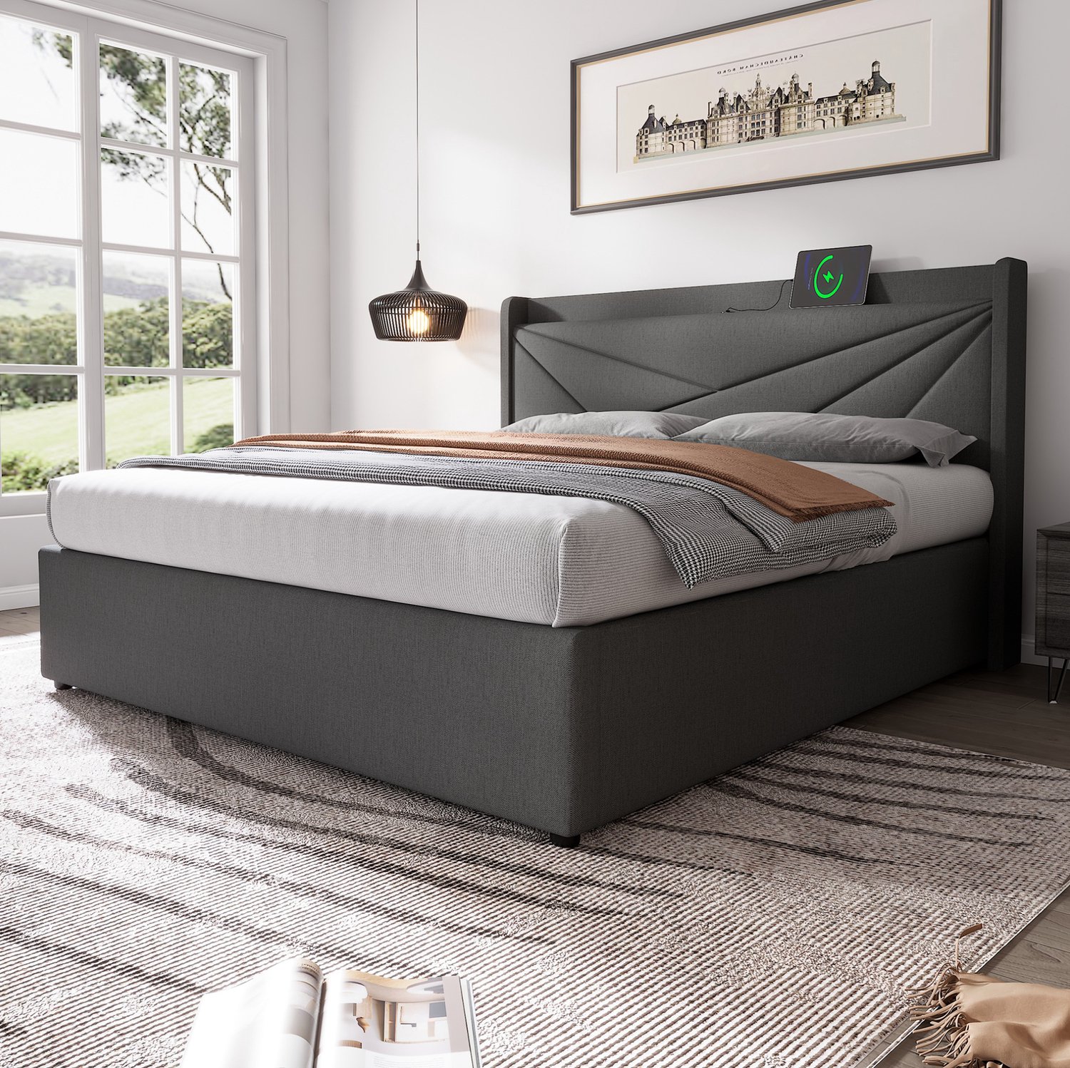 Maisentiel Grijs gestoffeerd tweepersoonsbed 140 x 200 cm met opbergruimte, USB en Type-C
