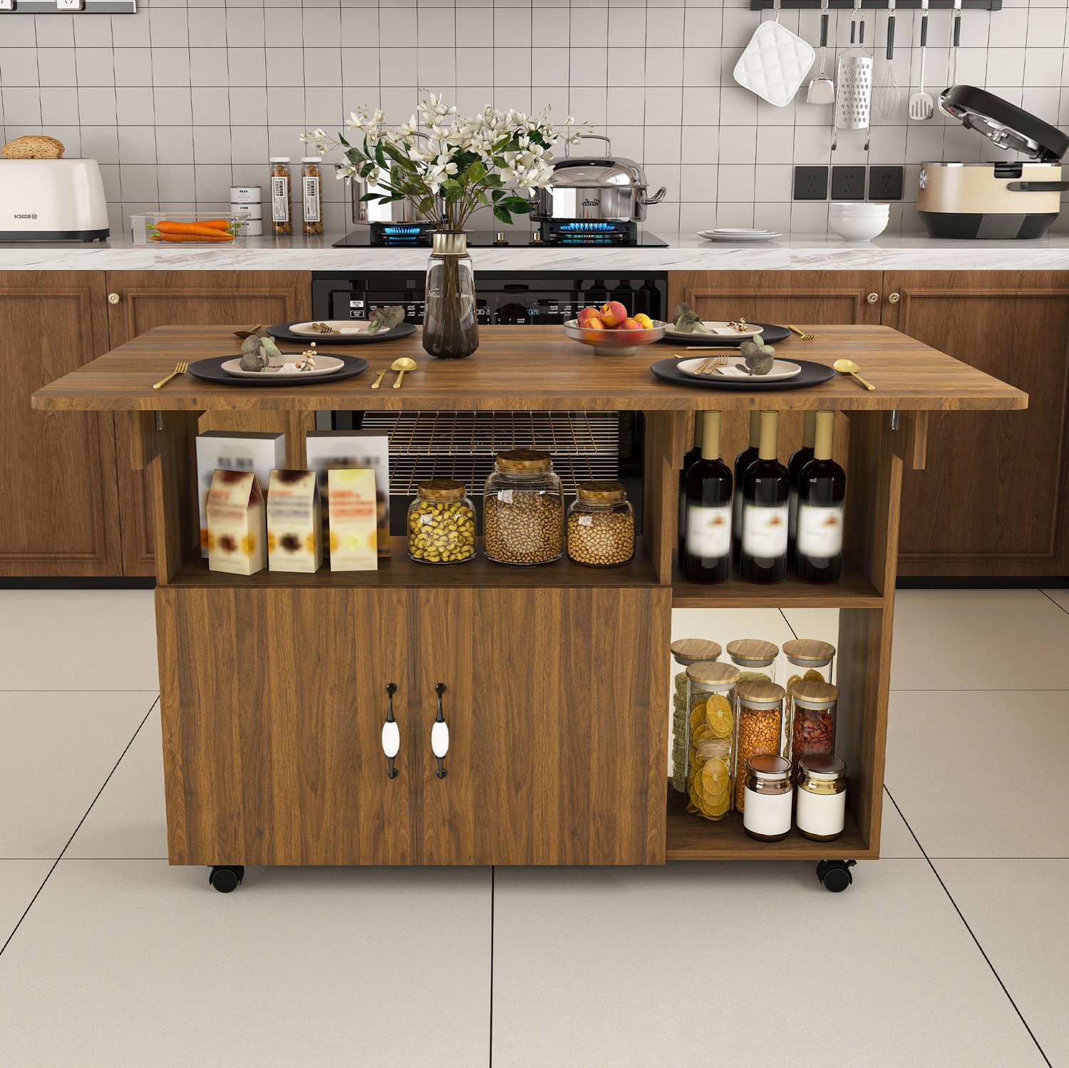 OKWISH Eettafel - Opklapbaar met 2 Tafelbladen - Verrijdbaar met Opbergruimte - Voor Keuken en Werkkamer - MDF in Walnootkleur - 110 x 70 x 80 cm