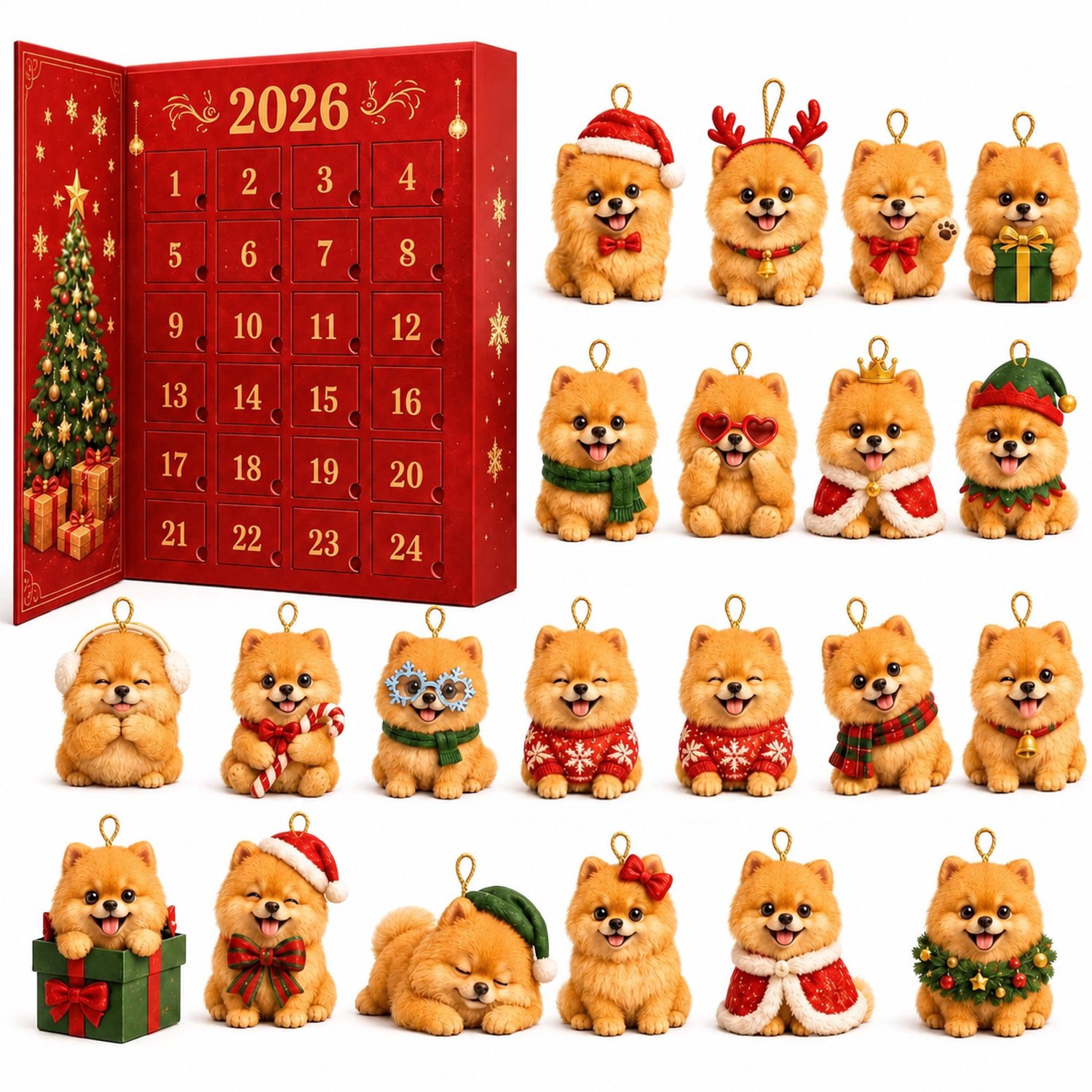 Adventskalender 2026 met 24 genummerde vakjes en hondenhangers - Boekvorm met kerstdecoratie - 26 x 18 x 3 cm