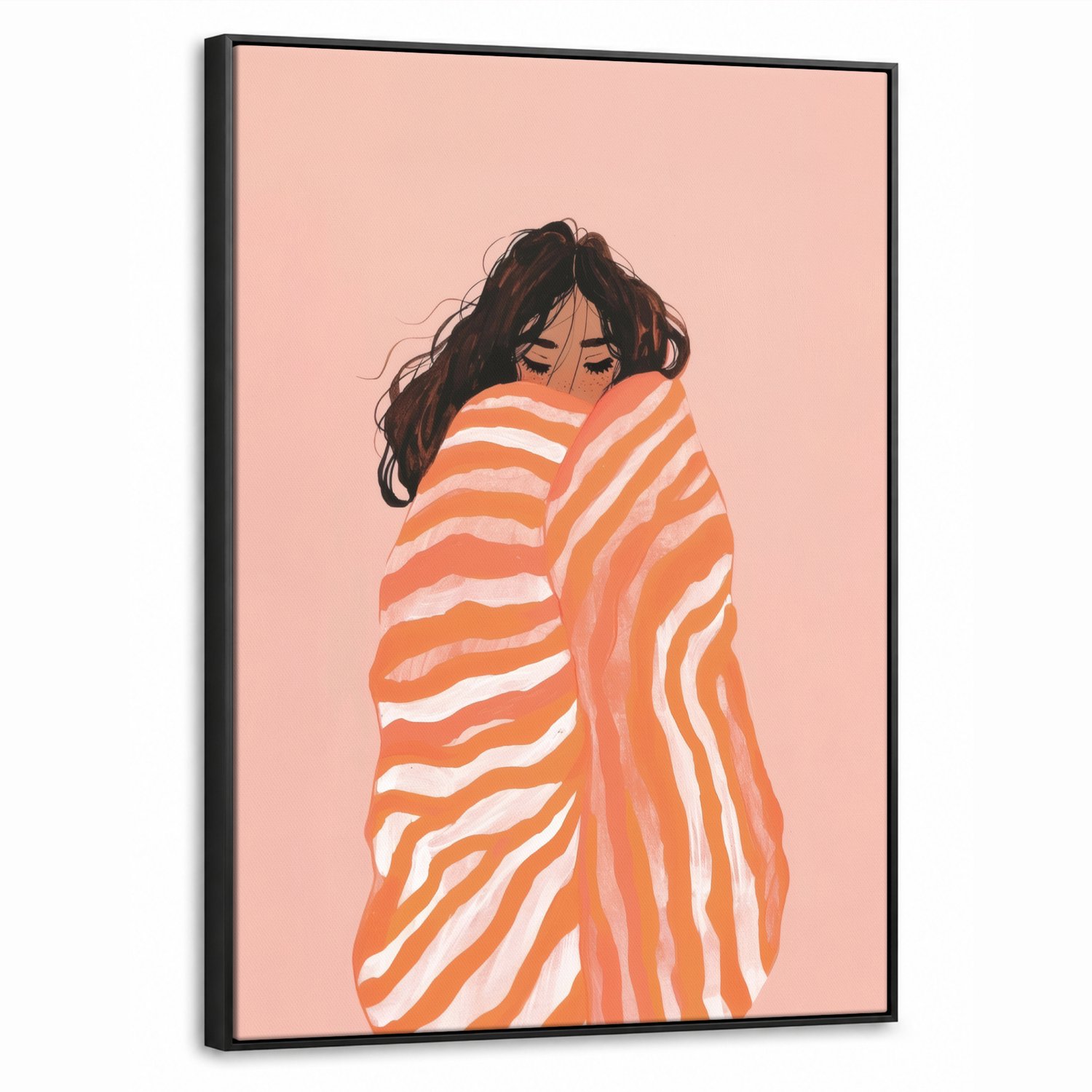 Canvas Schilderij met Baklijst 70x100cm - Meisje - Deken - Gestreept - Oranje - Muurdecoratie woonkamer - Slaapkamer decoratie - Kamer accessoires - Schilderijen op canvas met lijst