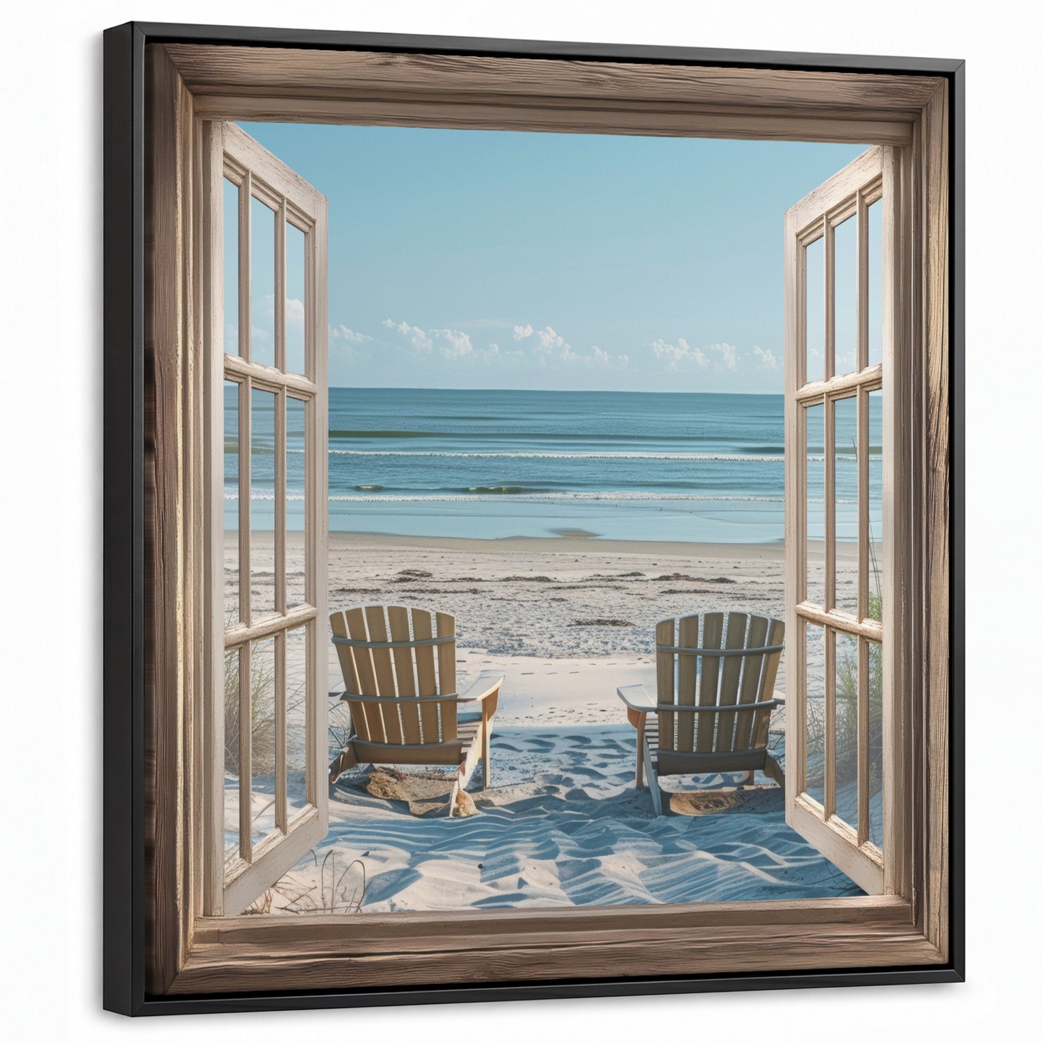 Canvas Schilderij met Baklijst 50x50cm - Doorkijk - Strandstoelen - Duinen - Zee - Natuur - Muurdecoratie woonkamer - Slaapkamer decoratie - Kamer accessoires - Schilderijen op canvas met lijst