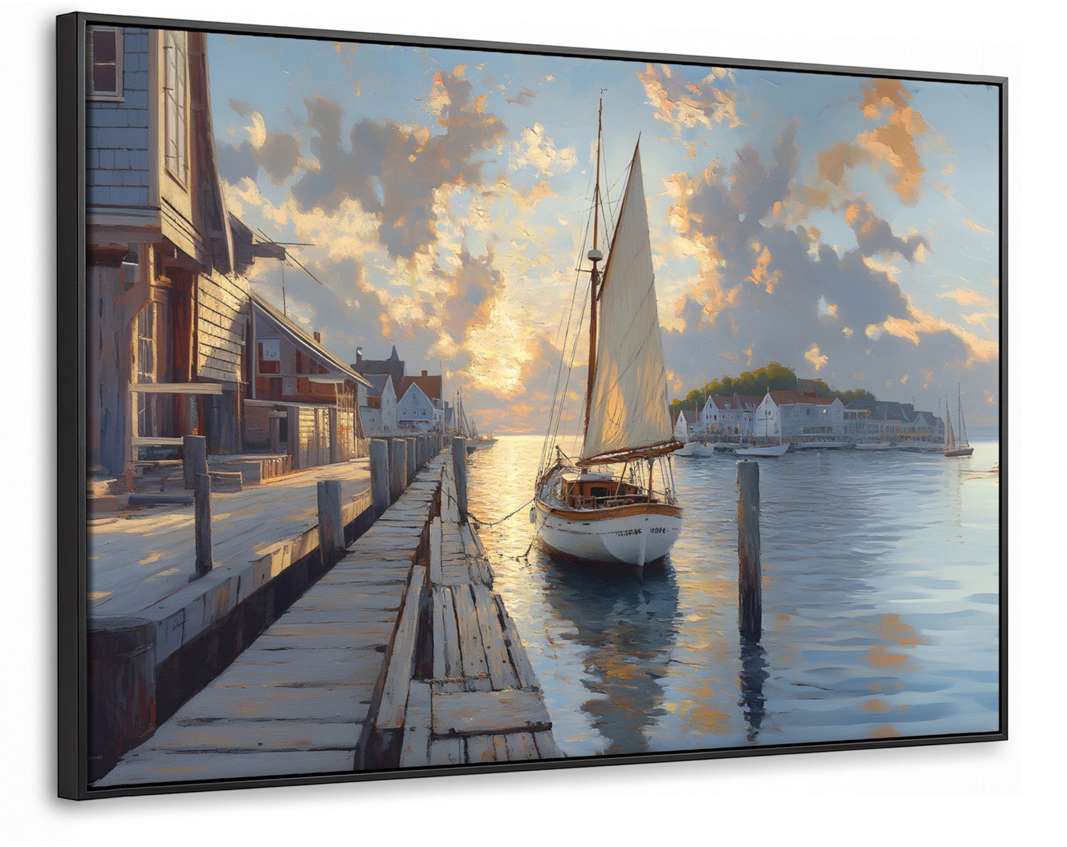 Canvas Schilderij met Baklijst XXL Canvas Schilderij met Baklijst 120x80cm - Zeilboot - Zon - Pier - Hout - Muurdecoratie woonkamer - Slaapkamer decoratie - Kamer accessoires - Schilderijen op canvas met lijst groot