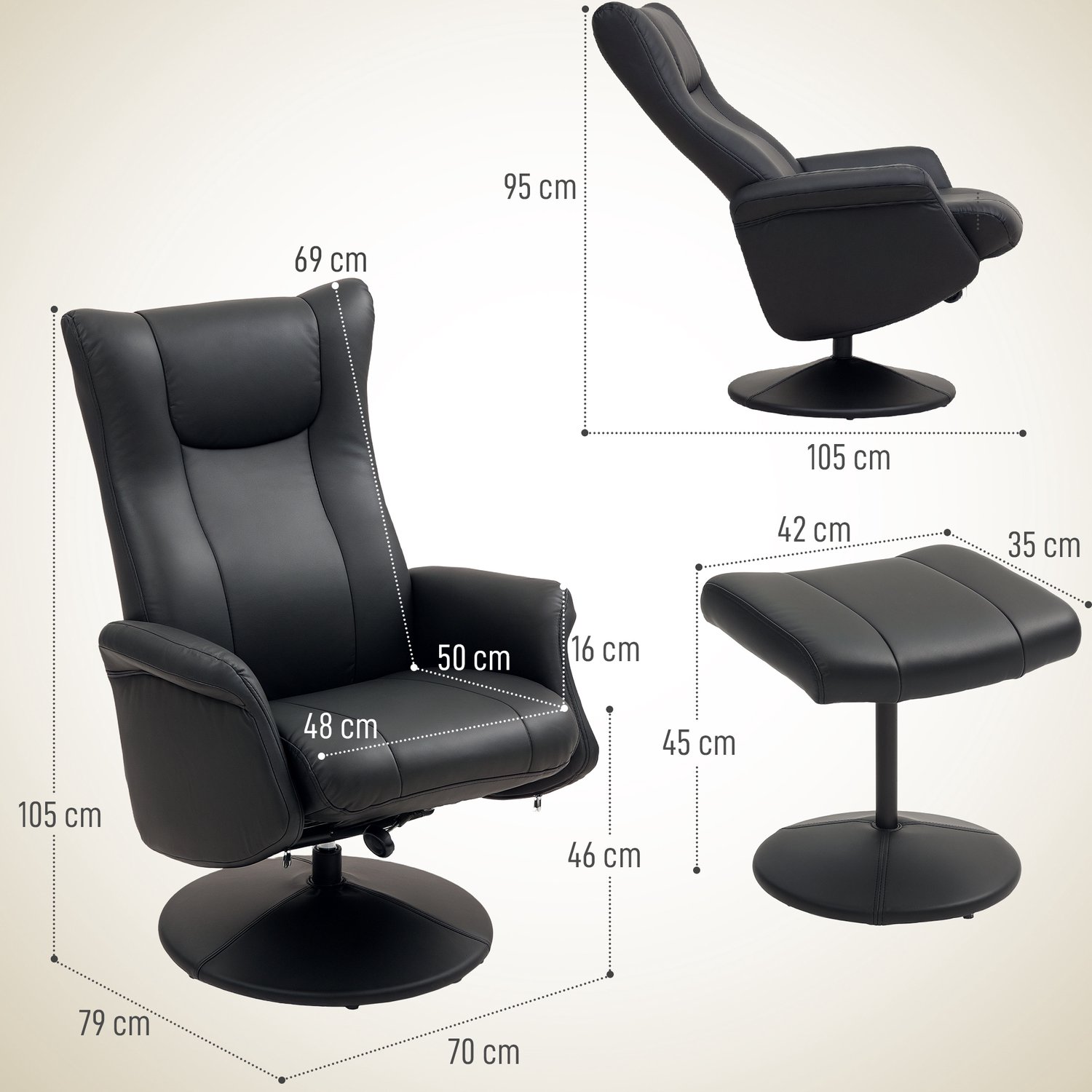 DESMIU Relaxfauteuil 70 x 79 x 105 cm - Draaibaar met Verstelbare Rugleuning en Hocker - Voor de Woonkamer - Kunstleer - Zwart