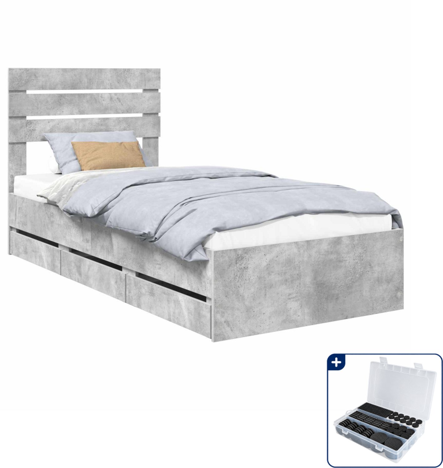 vidaXL bedframe met lade - 90 x 190 cm - bewerkt hout - beton grijs - Inclusief antikrasvilt 177-delig