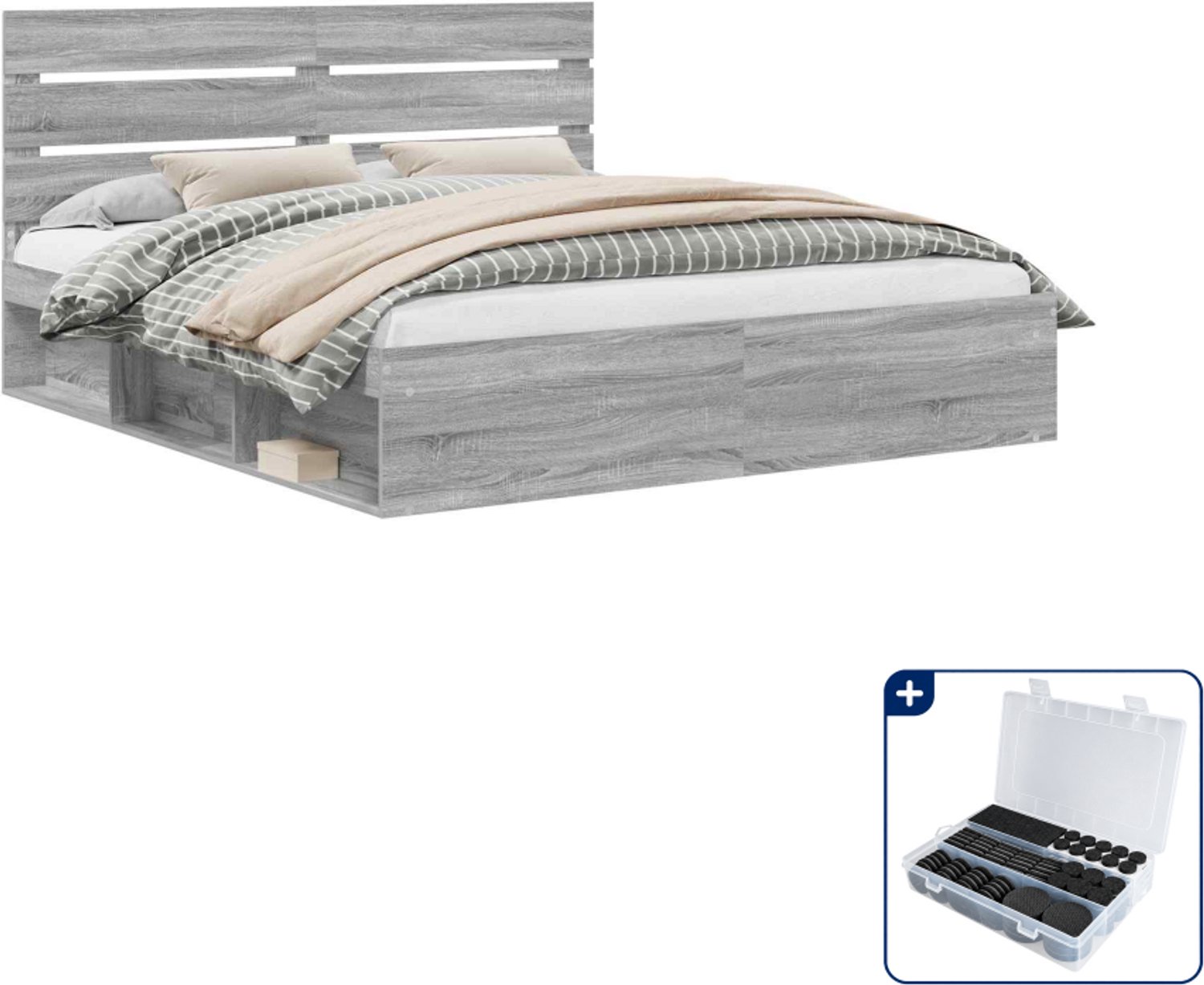 vidaXL Bedframe - Kingsize - 180 x 200 cm - grijs sonoma - Inclusief antikrasvilt 177-delig Wit