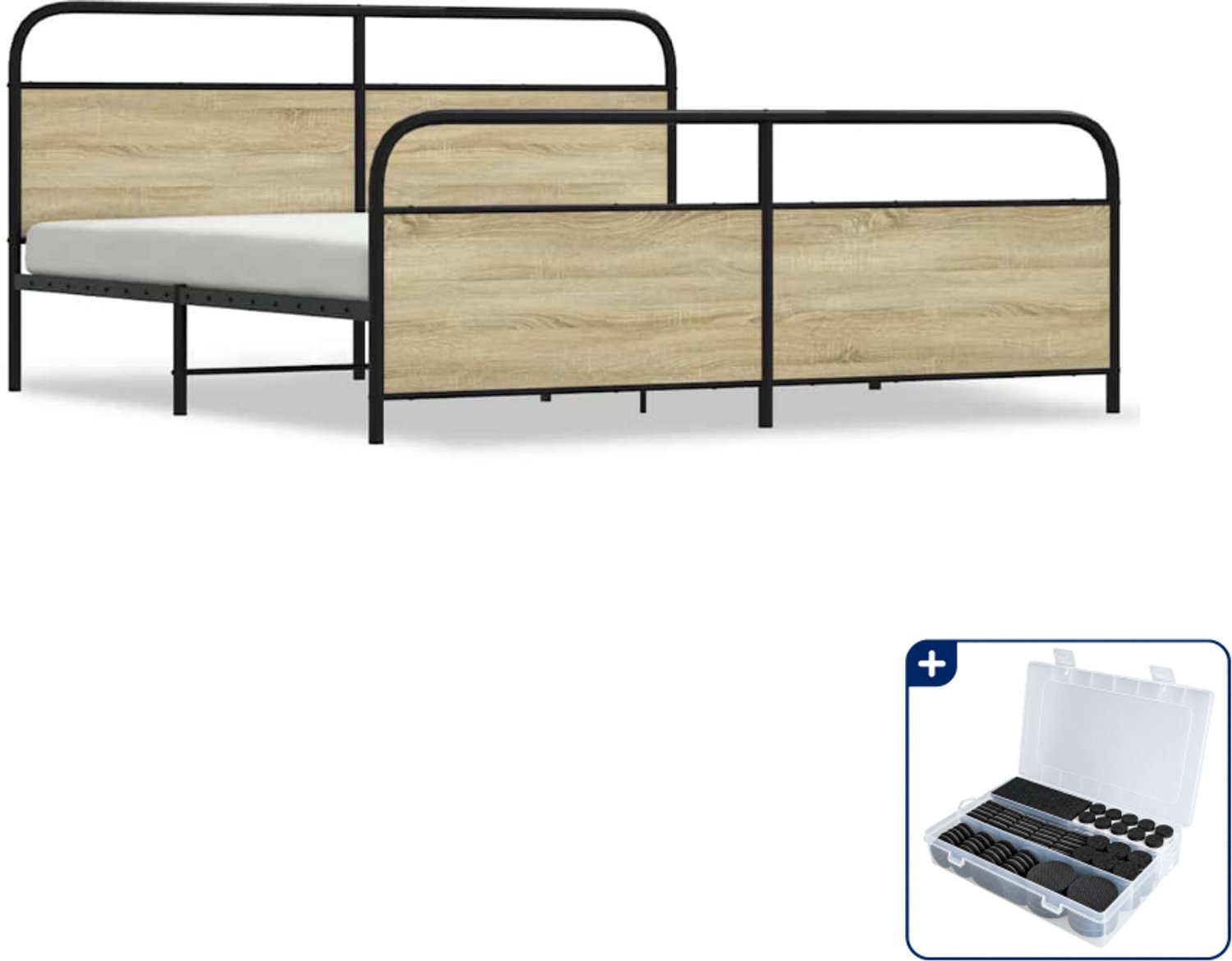 vidaXL bedframe - 200 x 200 cm - metaal en bewerkt hout - sonoma eiken - Inclusief antikrasvilt 177-delig Zwart