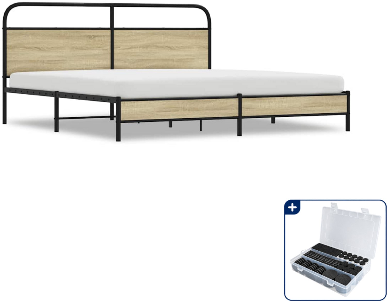 vidaXL bedframe - 200 x 200 cm - staal en bewerkt hout - sonoma eiken - Inclusief antikrasvilt 177-delig Bruin