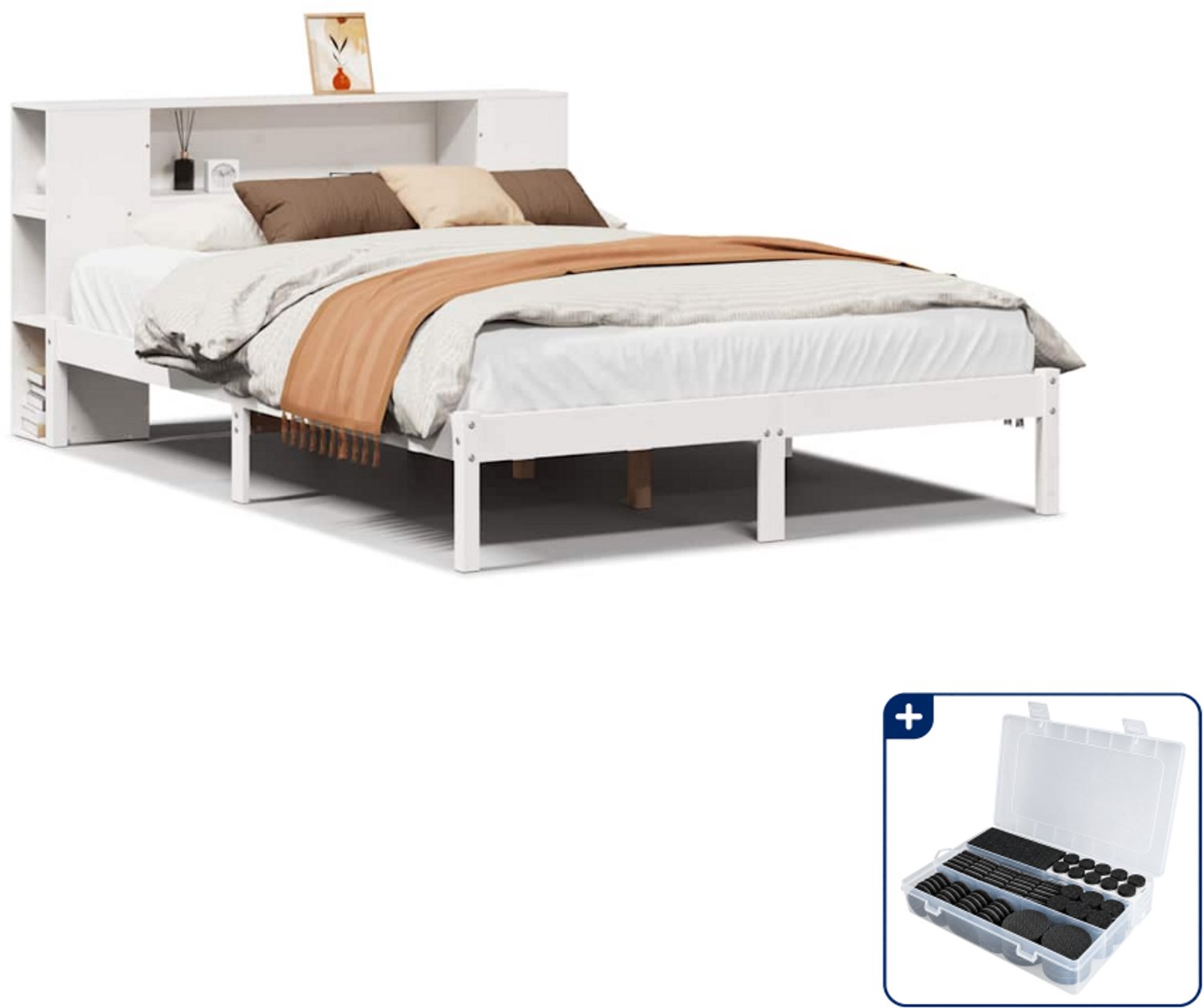 vidaXL bed met boekenkast - queensize 160x200 cm - grenenhout - wit - Inclusief antikrasvilt 177-delig Bruin