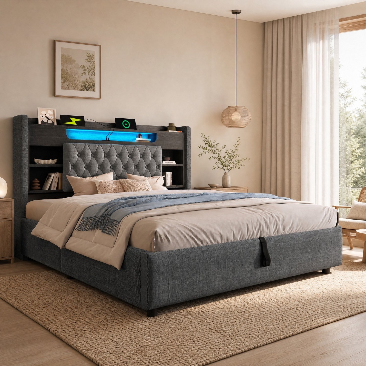 Maisentiel Gestoffeerd bed 140 x 200 cm - grijs - hydraulische opbergruimte, LED en USB