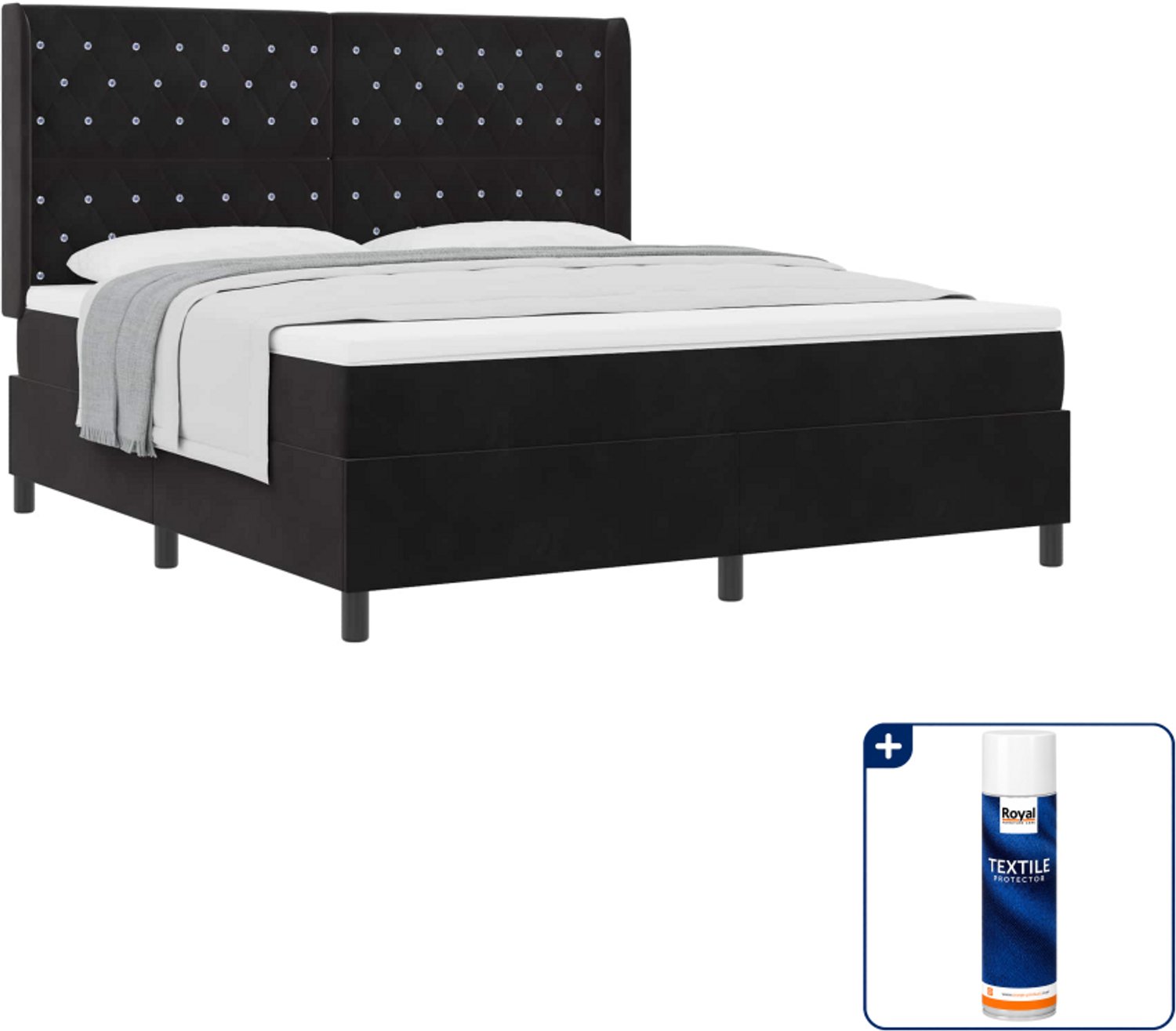 vidaXL boxspringbed - Kingsize 180 x 200 cm - fluweel - zwart - Inclusief textielbeschermer 500 ml
