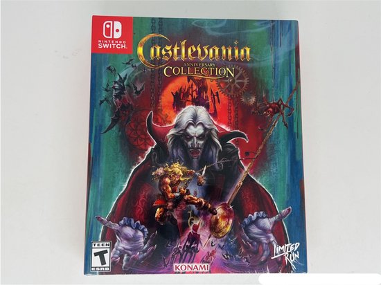 Castlevania Anniversary Collection voor Nintendo Switch met Dracula en een strijder tegen een rode achtergrond.