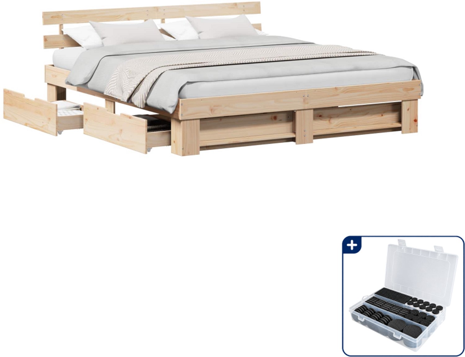 vidaXL Bedframe met lade - 200 x 200 cm - massief grenenhout - bruin - Inclusief antikrasvilt 177-delig