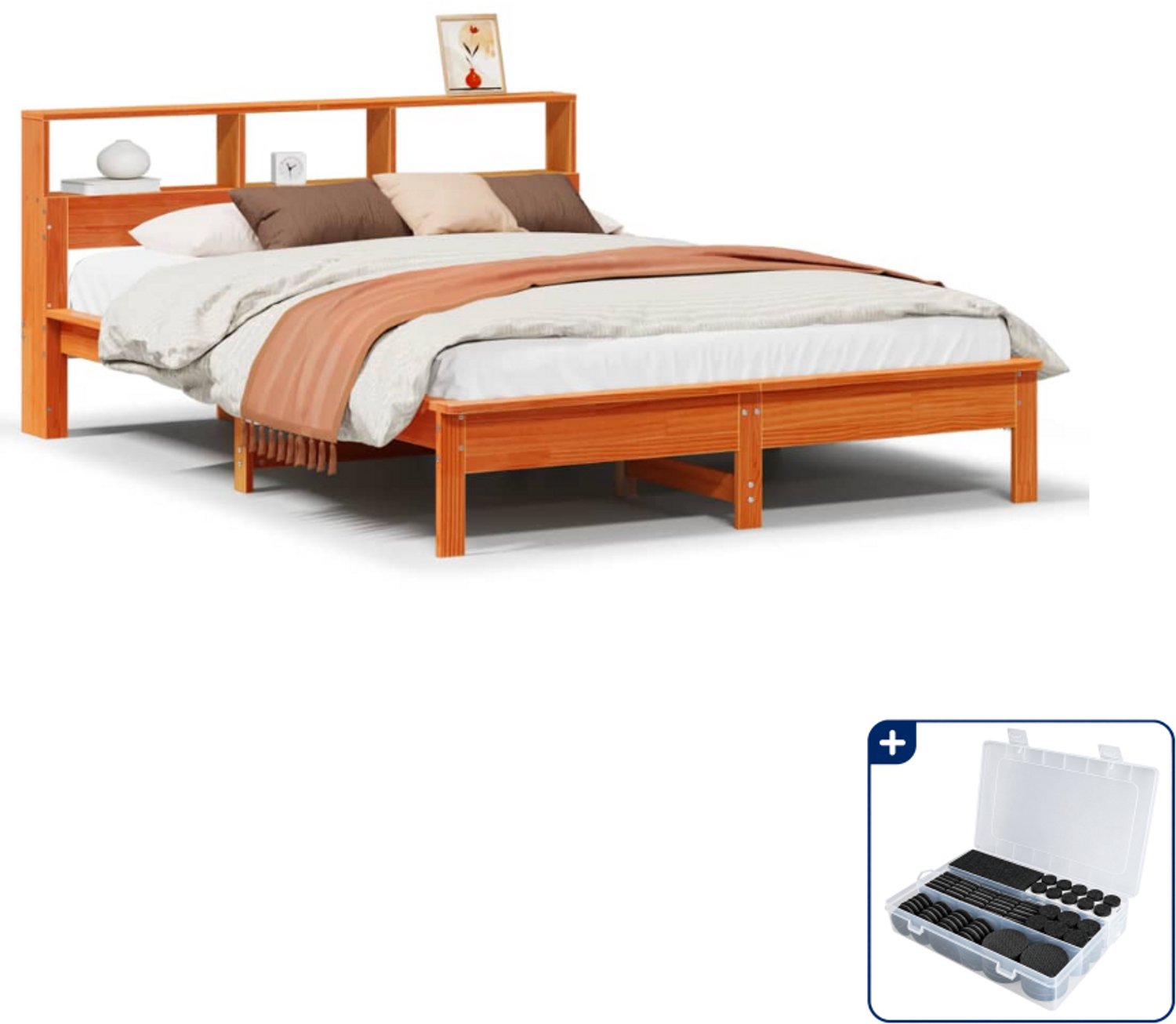 vidaXL bedframe - 135 x 190 cm - massief grenenhout - wasbruin - Inclusief antikrasvilt 177-delig crème
