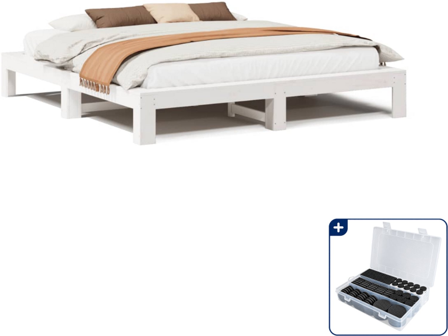 vidaXL bedframe - 200 x 200 cm - massief grenenhout - wit - Inclusief antikrasvilt 177-delig Bruin
