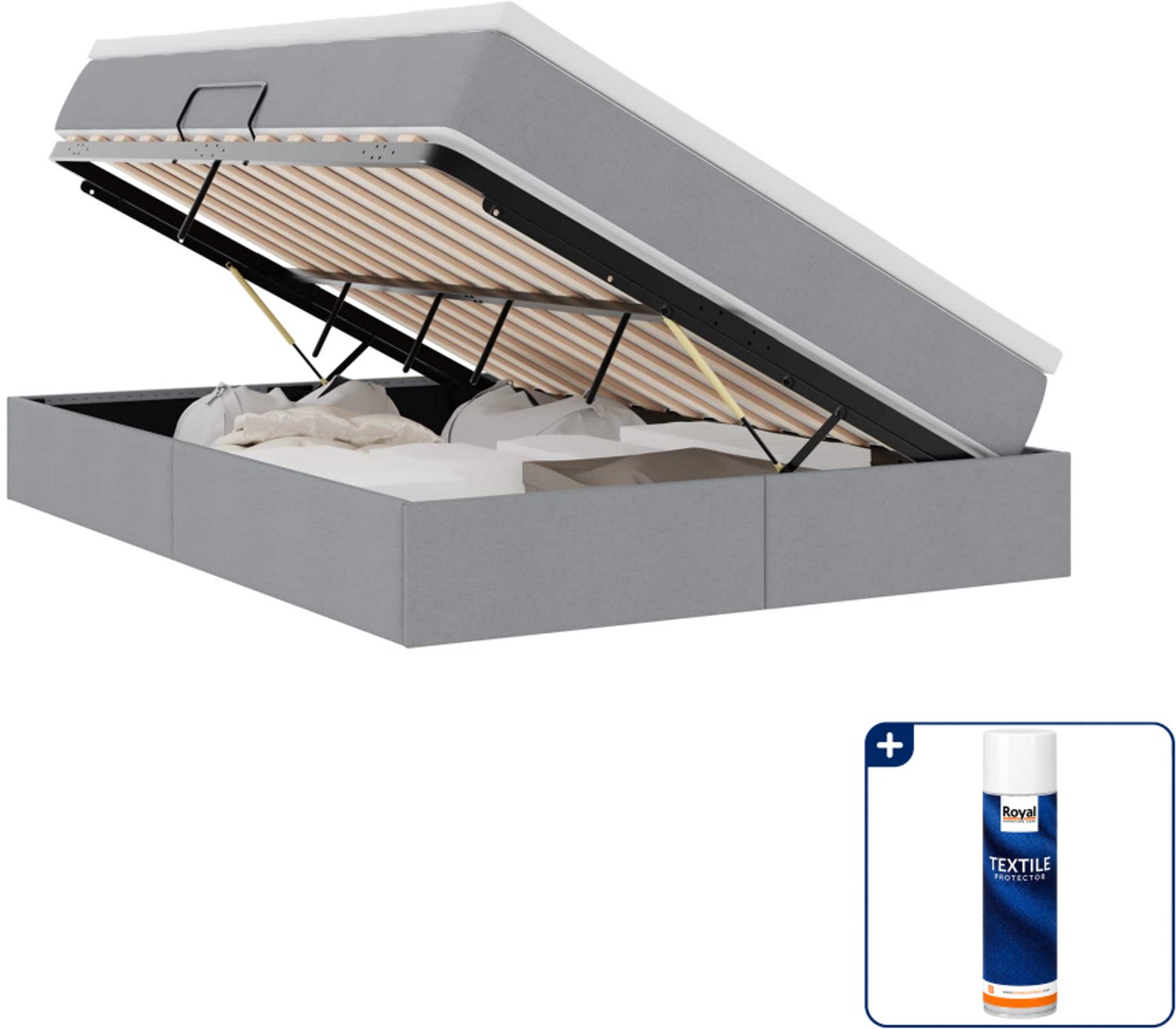 vidaXL opbergbed met matras - 140 x 190 cm - polyester - lichtgrijs - Inclusief textielbeschermer 500 ml