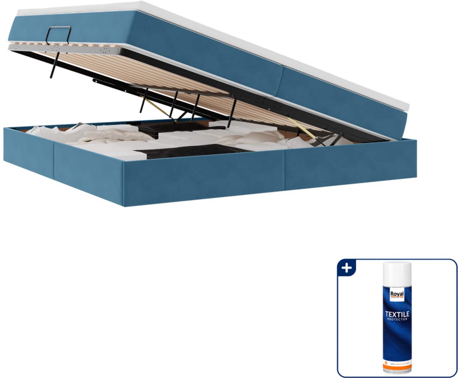 vidaXL opbergbed met matras - 200 x 200 cm - fluweel - donkerblauw - Inclusief textielbeschermer 500 ml Lichtgrijs