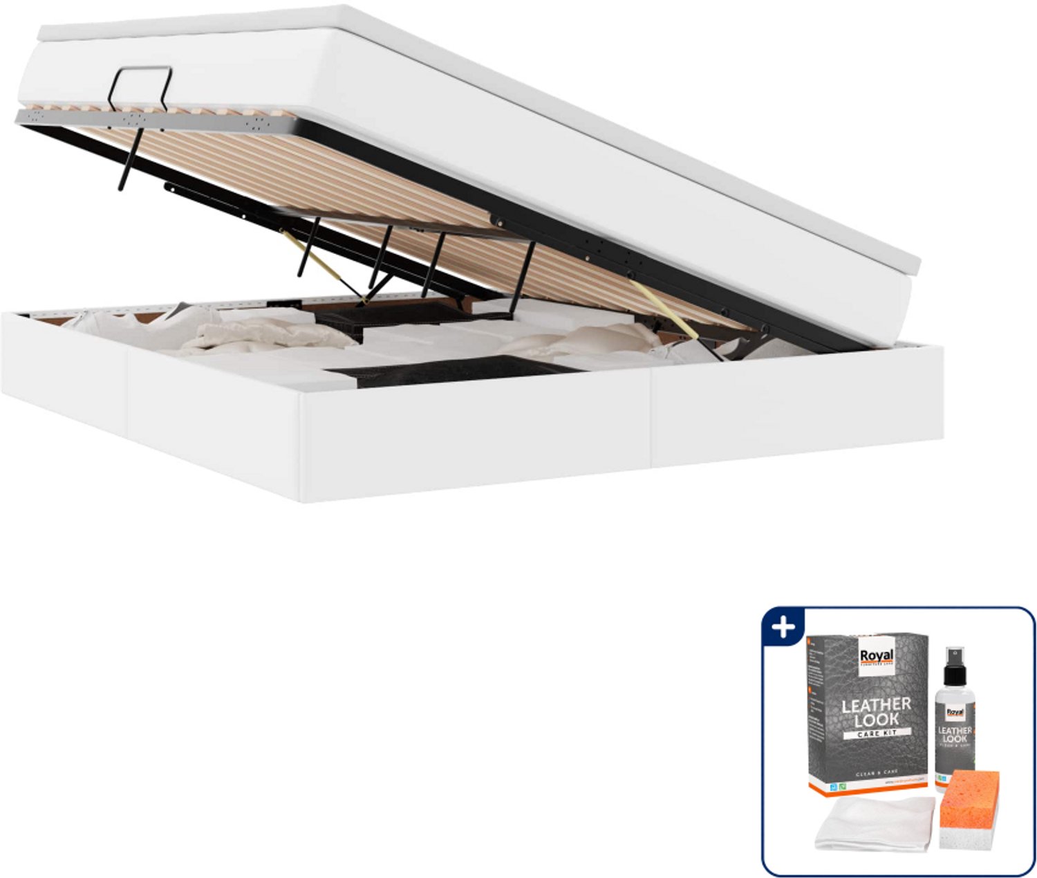 vidaXL opbergbed met matras - Queensize - 160 x 200 cm - wit - Inclusief onderhoudsset voor kunstleer 150 ml Zwart