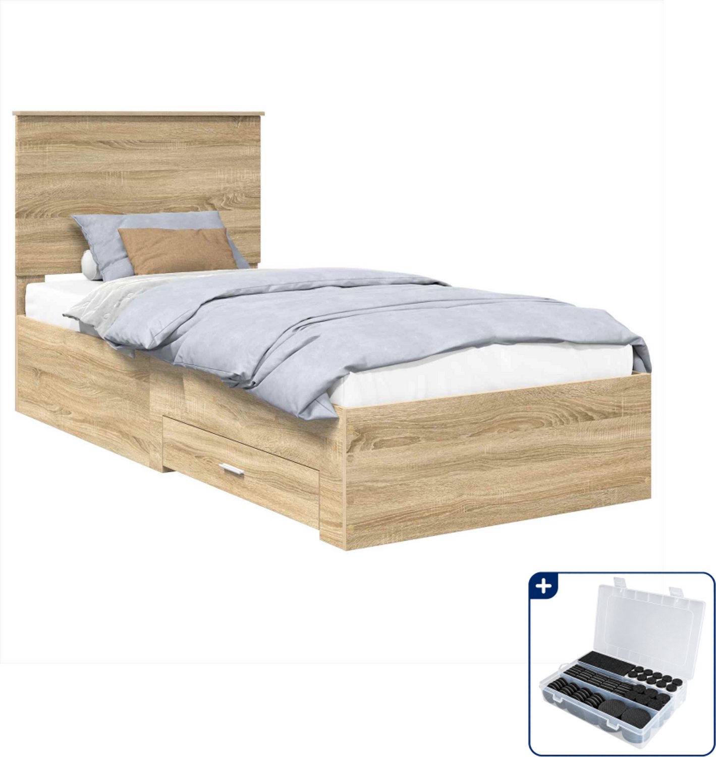 vidaXL bedframe met lade - 90 x 200 cm - bewerkt hout - sonoma eiken - Inclusief antikrasvilt 177-delig Grijs