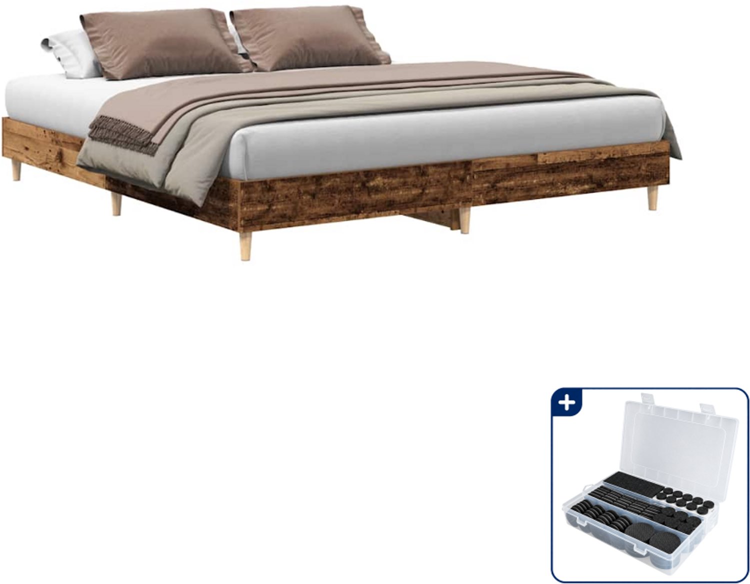 vidaXL Queensize bedframe 160 x 200 cm - bewerkt hout - oud hout - Inclusief antikrasvilt 177-delig Bruin