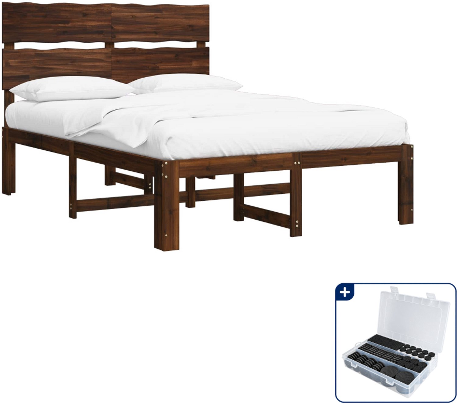 vidaXL bed ROSTOCK - 140 x 190 cm - massief acaciahout - donkerbruin - Inclusief antikrasvilt 177-delig Grijs