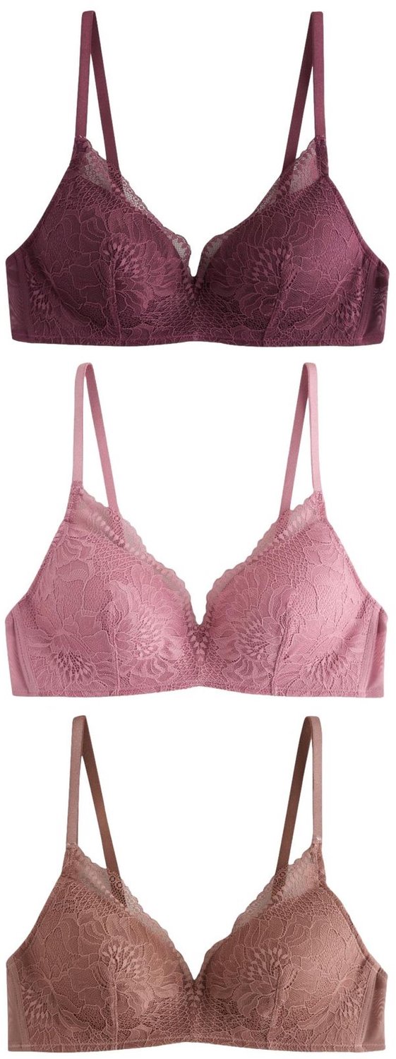 Next Dames - Set van 3 kanten beha's met vulling zonder beugel - Bruin Plum/Mocha/Pink
