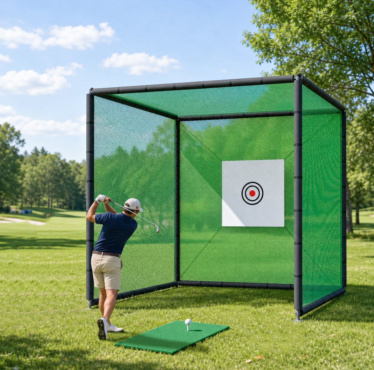 REDOM - Golftrainingsnet - 300 x 300 x 300 cm - Stalen frame met poedercoating - Knooploos gaas - Doek met doelwit - Trainingsmat en rubberen tee - Zwart