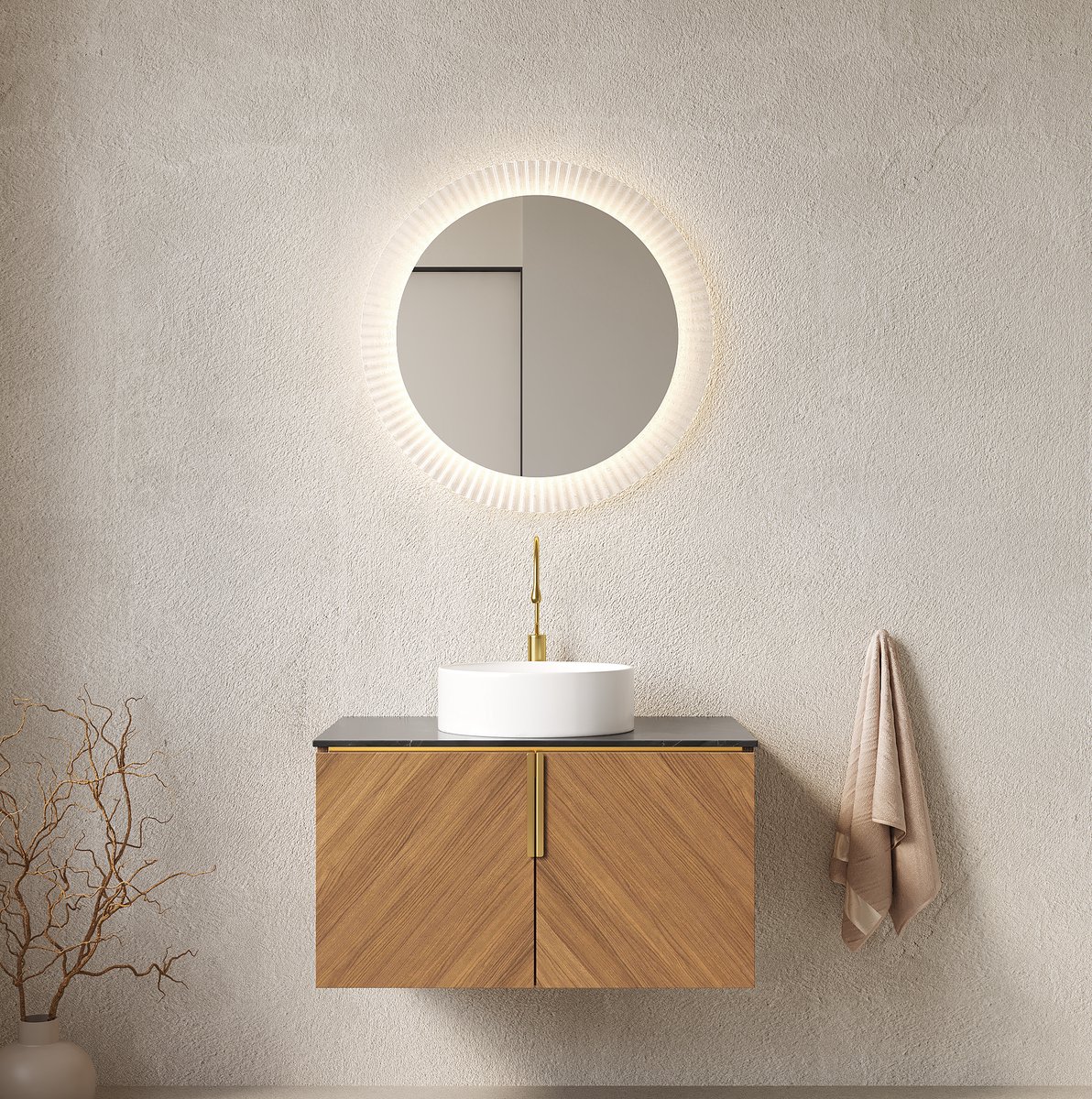 DESMIU Badkamerwastafelmeubel - Wandgemonteerd Met Keramische Waskom - Voor Badkamer - Multiplex, Zwart Bruin Eiken Wit - 76 x 50 x 53,1 Cm Zwart, bruin eiken, wit