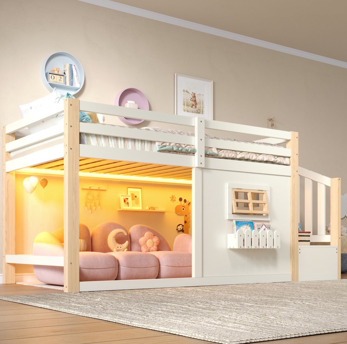 FloraGrace Hoogslaper 90 x 200 cm – Met Trap, Opbergruimte, Raam En Ledverlichting – Kinderbed Van Hout En Mdf – Zonder Matras – Wit