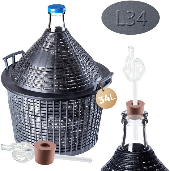 Bouteille en verre de 34L avec panier noir tressé et bouchon bleu. Comprend barboteur et bouchon.