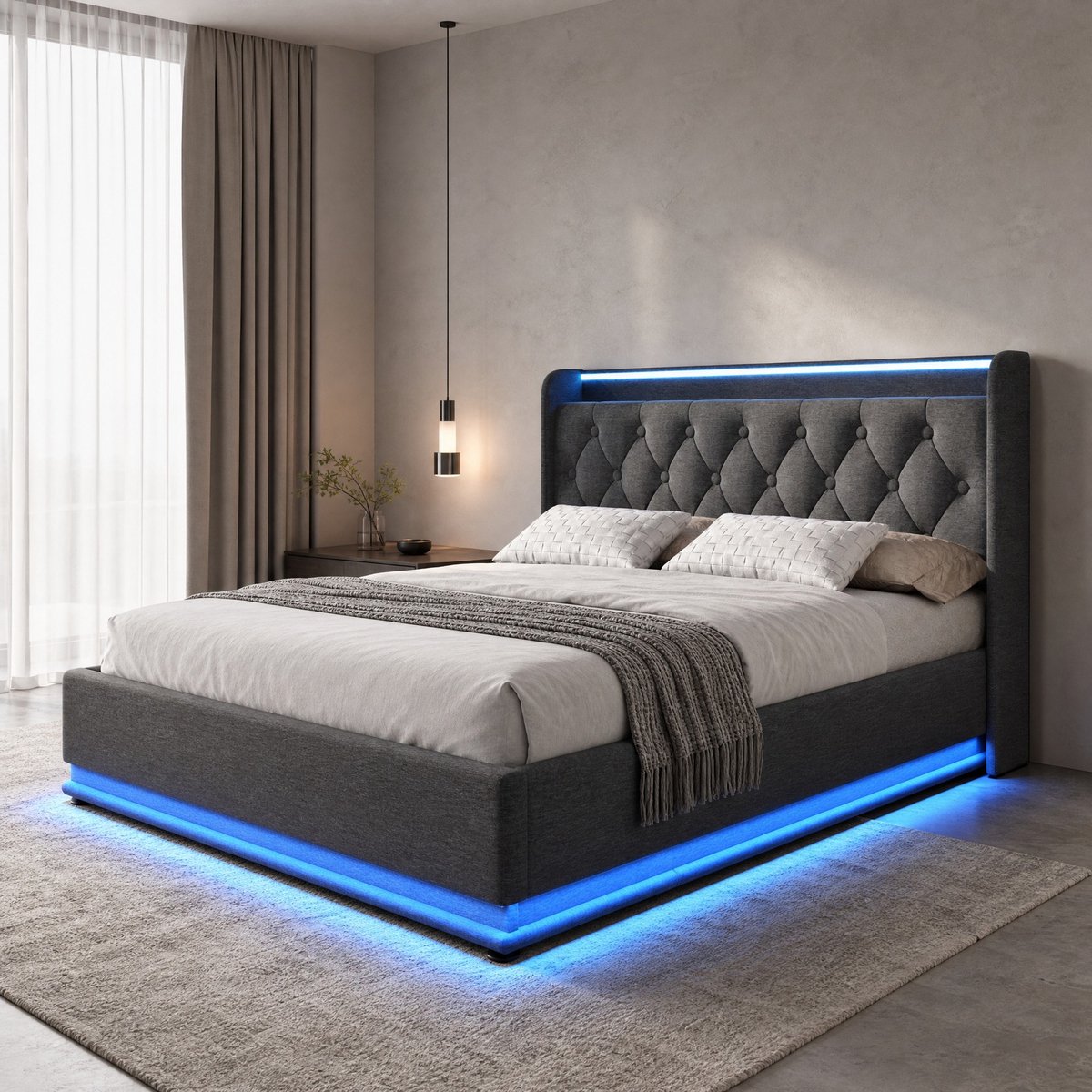 STILVORA Gestoffeerd Bed 180x200 cm – Ledverlichting Met Afstandsbediening en App – Hydraulische Opbergruimte – Zonder Matras – Grijs