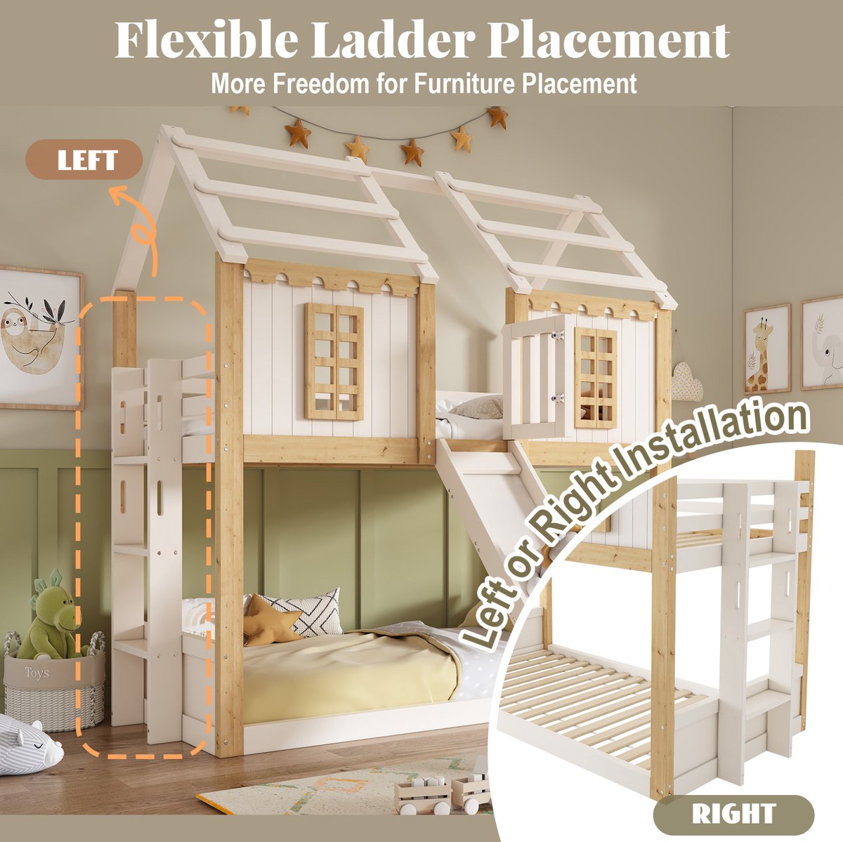 STILVORA Kinder Stapelbed 90x200 cm – Huisbed Met Glijbaan – Flexibele Ladder & 360 Graden Uitvalbeveiliging – Hout – Wit/Natuur – Zonder Matras