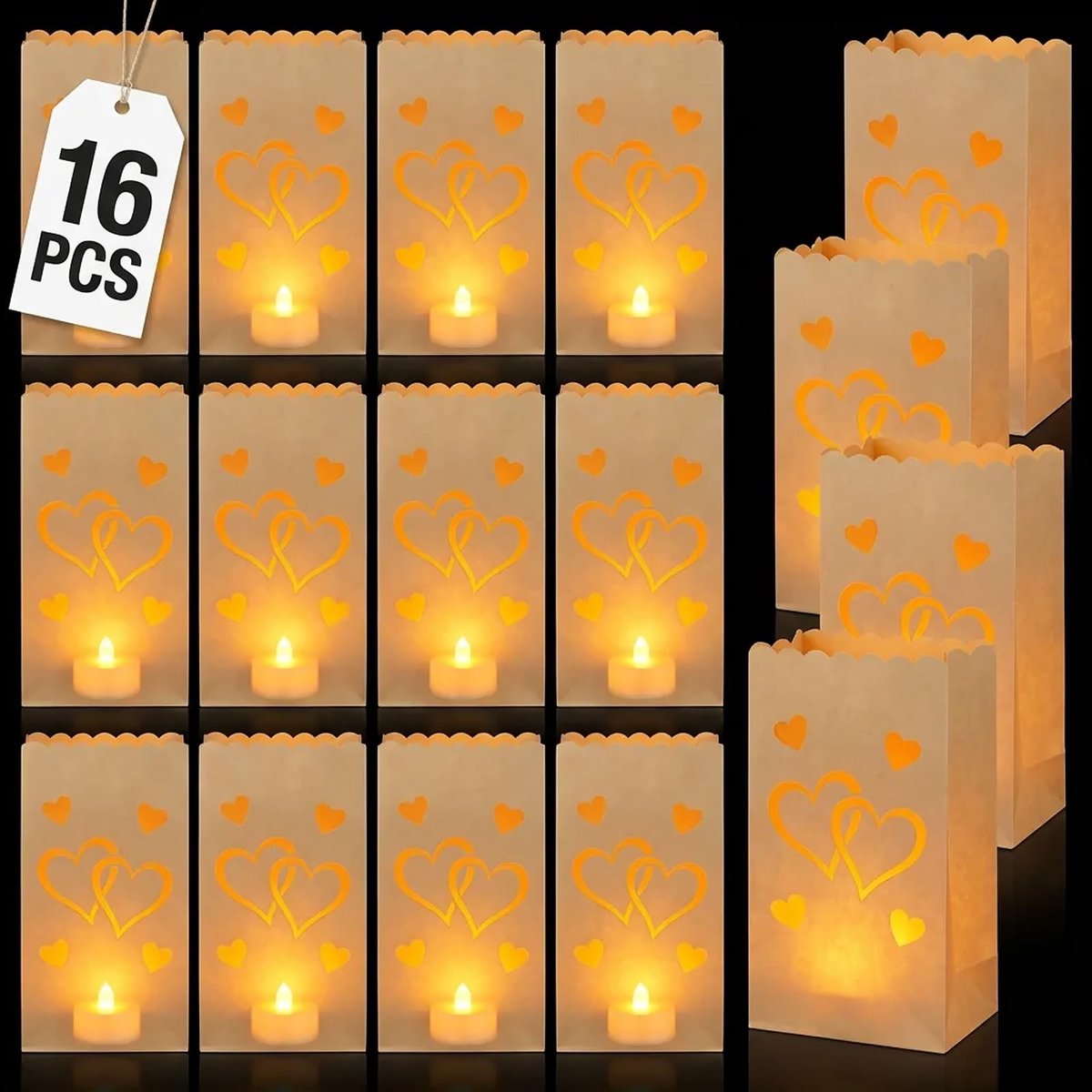 Elzusha - 16 Stuks Witte Lichtzakken - Herbruikbaar met Dubbele Hart Design