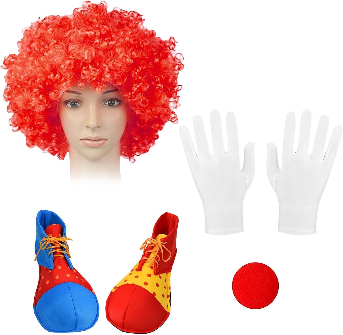 Volledige Clown Kostuum Set voor Volwassenen met Accessoires zoals Krullend Perkament, Schoenen, Rode Neus en Witte Handschoenen voor Halloween en Carnaval