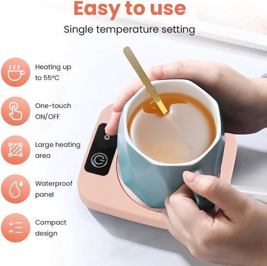 Koffiekopwarmer, elektrische koffiewarmer, slimme kopjeswarmer, theewarmer met aluminium metalen plaat, kantoorgadgets, drankwarmer voor koffie, cacao, melk, cadeau voor collega's en vrienden - roze — afbeelding 4