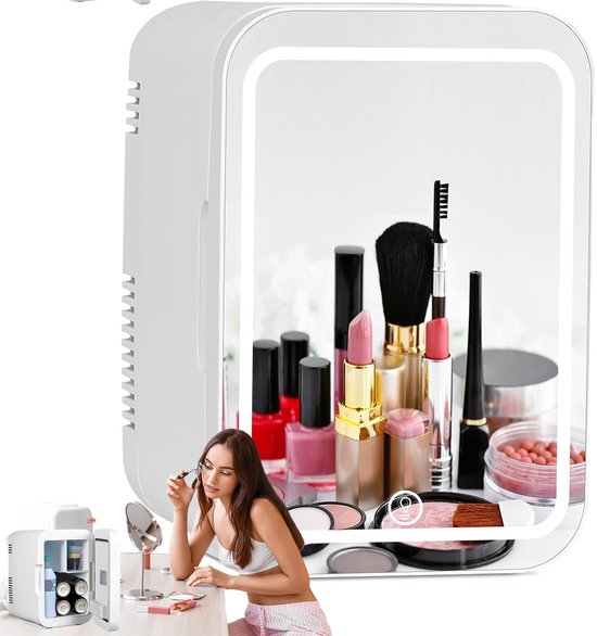 Cosmetische Koelkast - Skincare Fridge - Mini Koelkast 4L - Make-up Koelkast - LED Spiegel - 3 Dimstanden - Koelen & Verwarmen - Auto Koelkast - 220V & 12V - Thuis & Auto - 27x22x18 cm - Voor Huidverzorging & Maskers & Drankjes - Wit — afbeelding 3