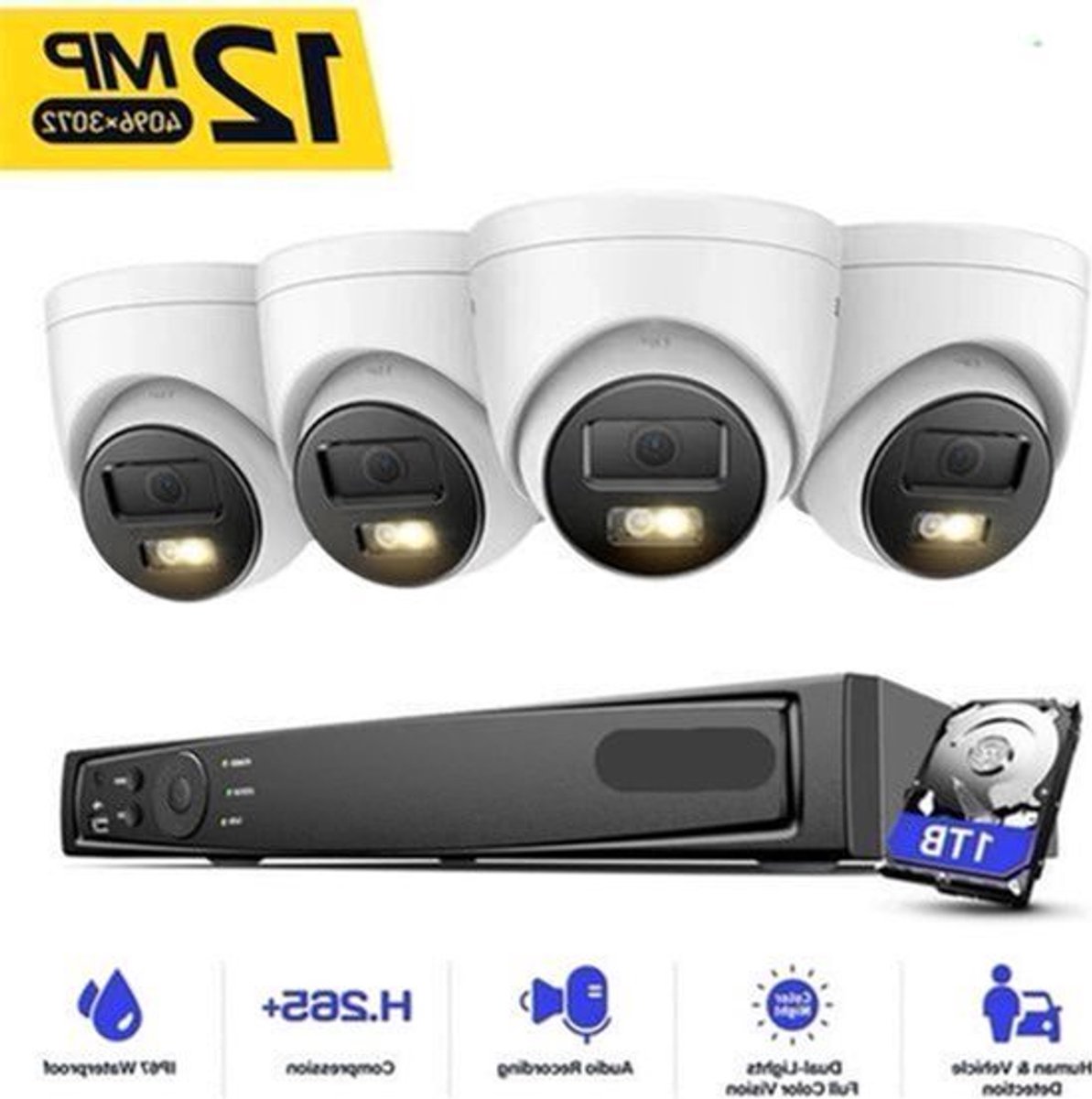Beveiligingscamerasysteem - CCTV Camerasysteem - Beveiligingscamera - Camerabewaking - met Nachtzicht - 12MP - 8 PoE Camera's en NVR - 4K HDMI - Audio - Bewegingsdetectie - Ingebouwde HDD: 1TB