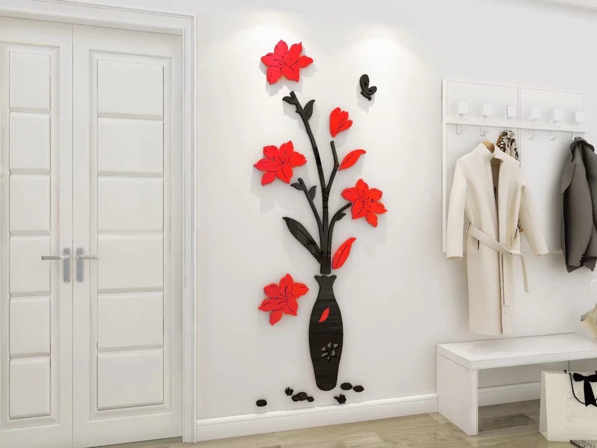 Elzusha - 3D Bloemen Wandstickers - Acryl Decoratie voor Woonkamer - Rood XL