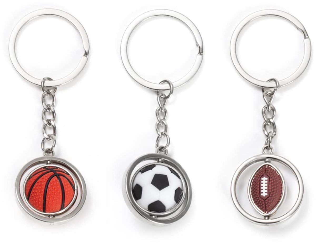 Elzusha - Sleutelhanger Set - 3 Stuks Voetbal en Rugby Design - Metaal - Zilver