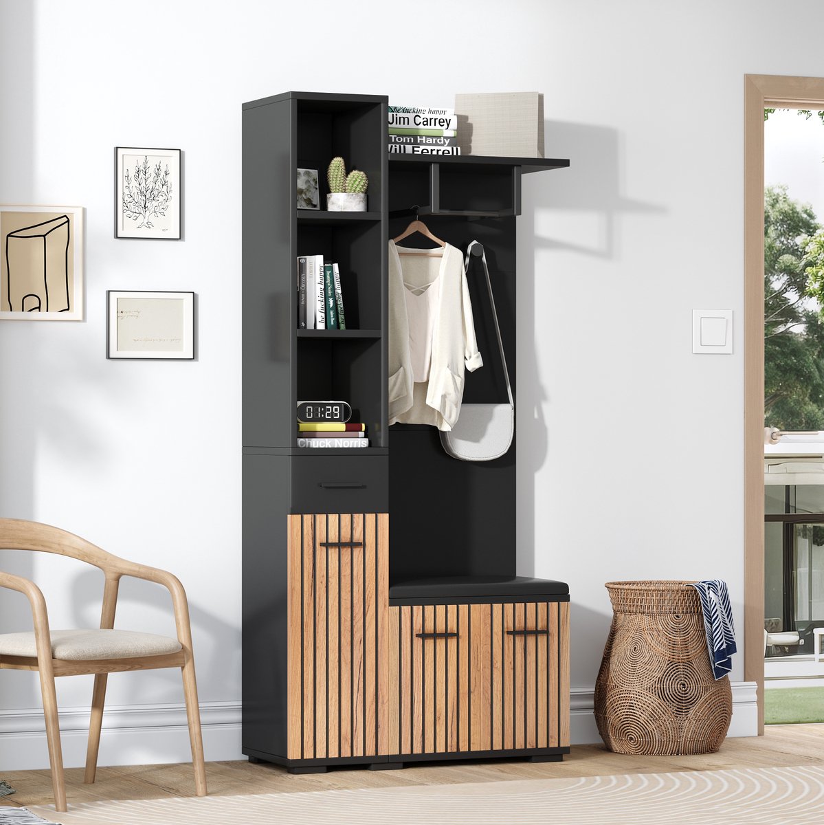 DESMIU Kledingrek - 7-in-1 Garderobekast Met Schoenenbank - Voor Hal En Entree - Spaanplaat - Zwart Houtkleur - 80x35x175 Cm