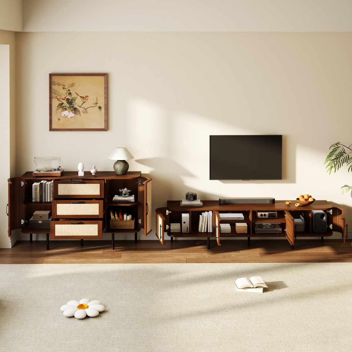 REDOM - Woonwandset - TV-lowboard en sideboard - Gevlochten fronten - MDF - Walnoot - 180 x 40 x 45 cm en 120 x 40 x 82 cm