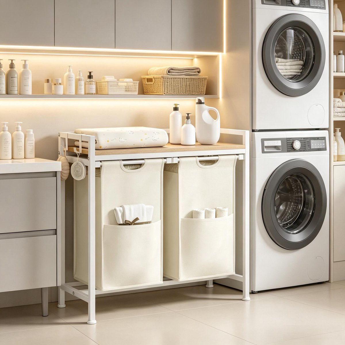 REDOM - Wassorteerder - 2 vakken van 40 liter - Afneembare wasmanden - Verstelbare voeten - Moderne industriële stijl - Badkamer - Metaal en Oxford-stof - Licht eiken en wit - 70 x 71 x 30 cm