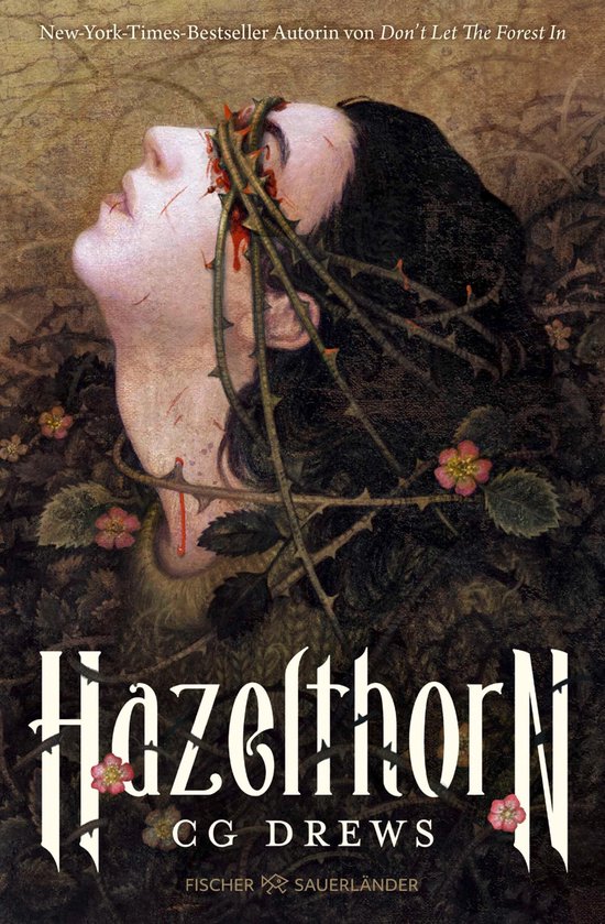Boekomslag van Hazelthorn met een vrouw met doornstruiken om haar hoofd en bloemen.