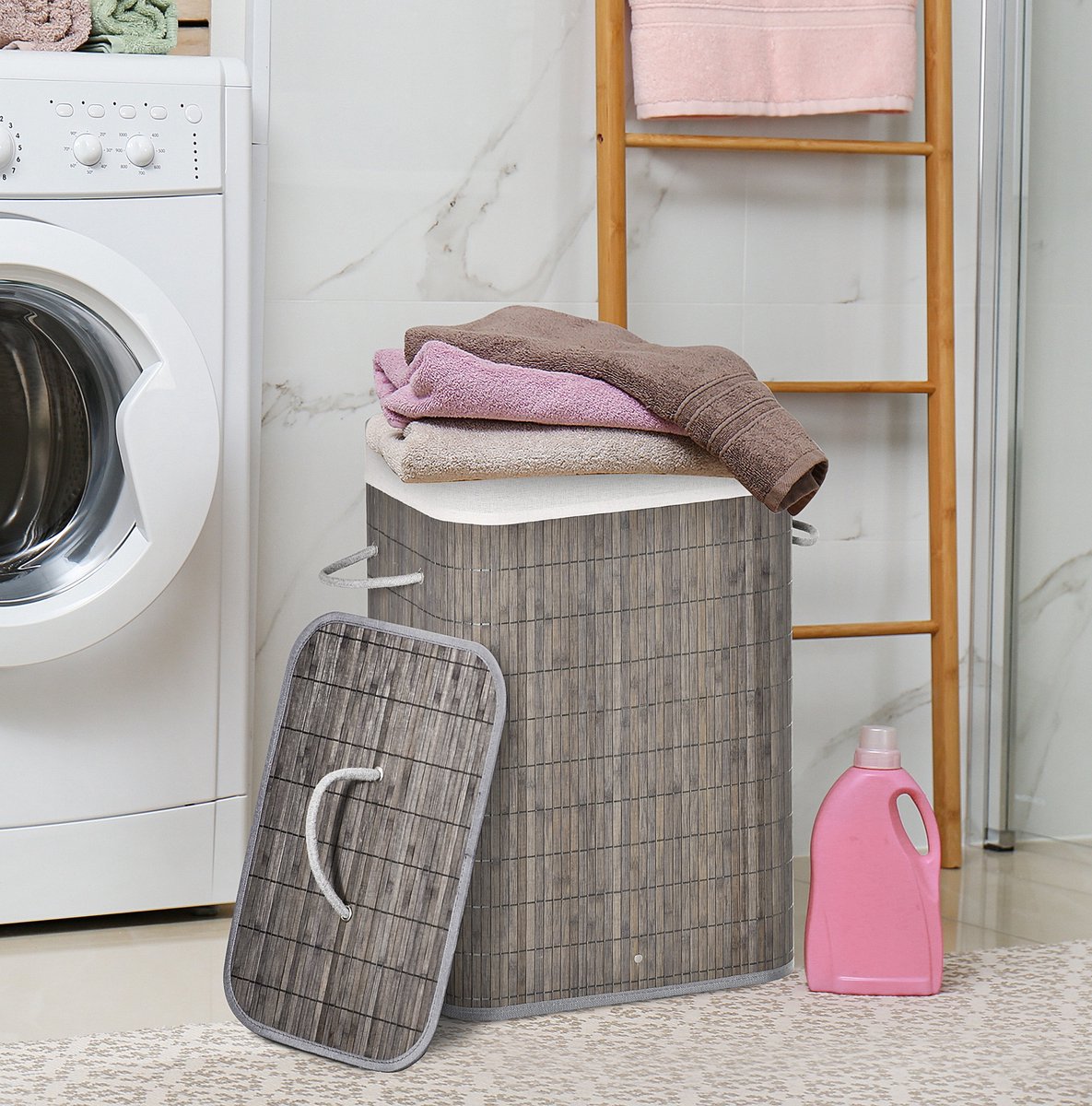 MODFU - Wasmand - Met Deksel - Uitneembare Waszak - 83 Liter - Bamboe - Grijs