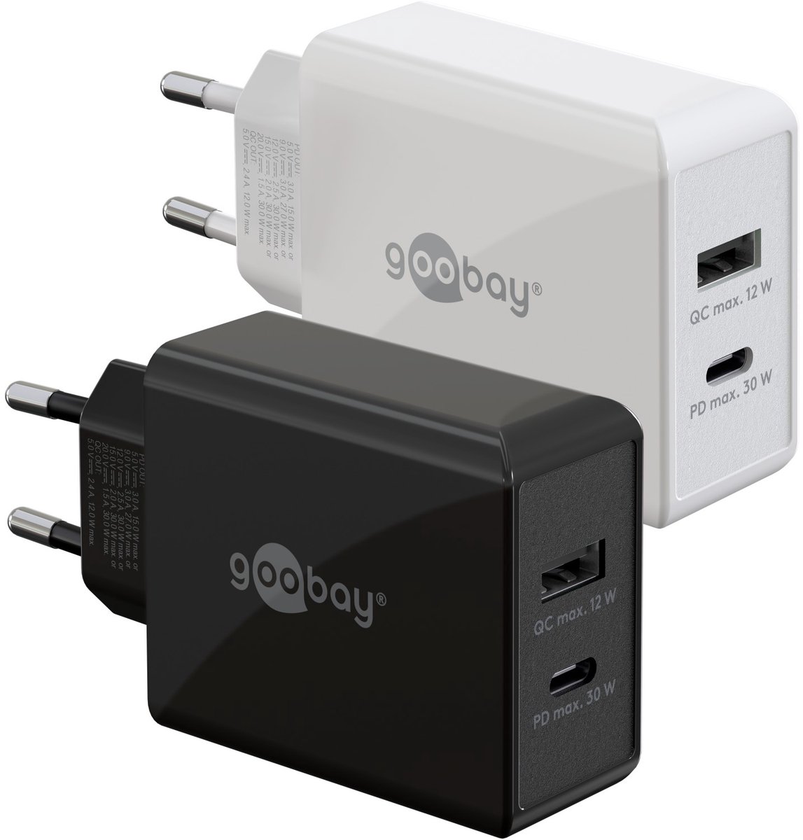 Goobay USB-C PD-snellader met twee poorten (30 W) zwart, 1 x USB-C™ poort (Power Delivery) en 1 x USB-A poort
