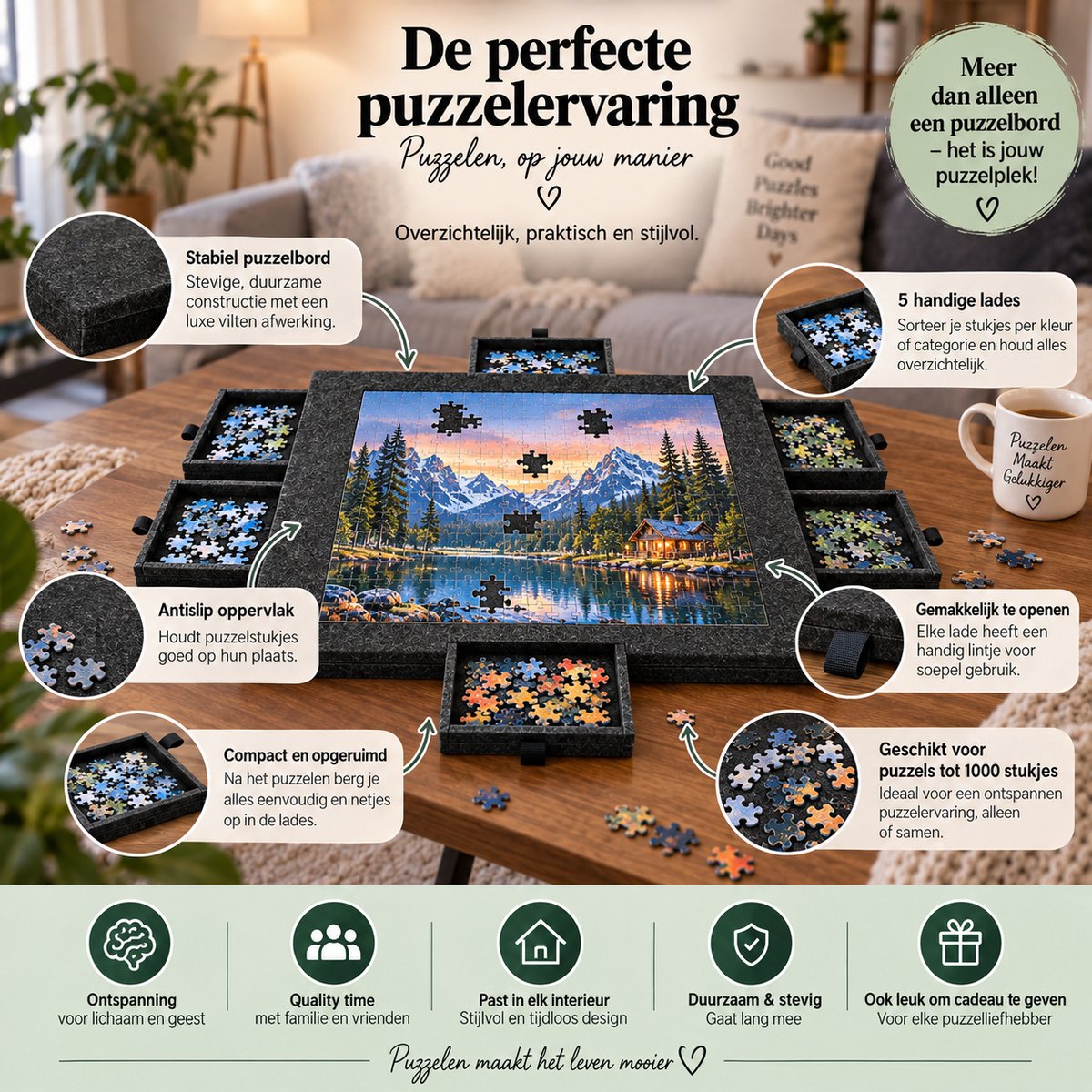 Currero Puzzeltafel Met Lades 1000 Stukjes - Puzzelbord - Puzzelmat - Opbergsysteem - Vilt - Met Deksel - Legpuzzel Accessoires - 1000 Pcs Zwart