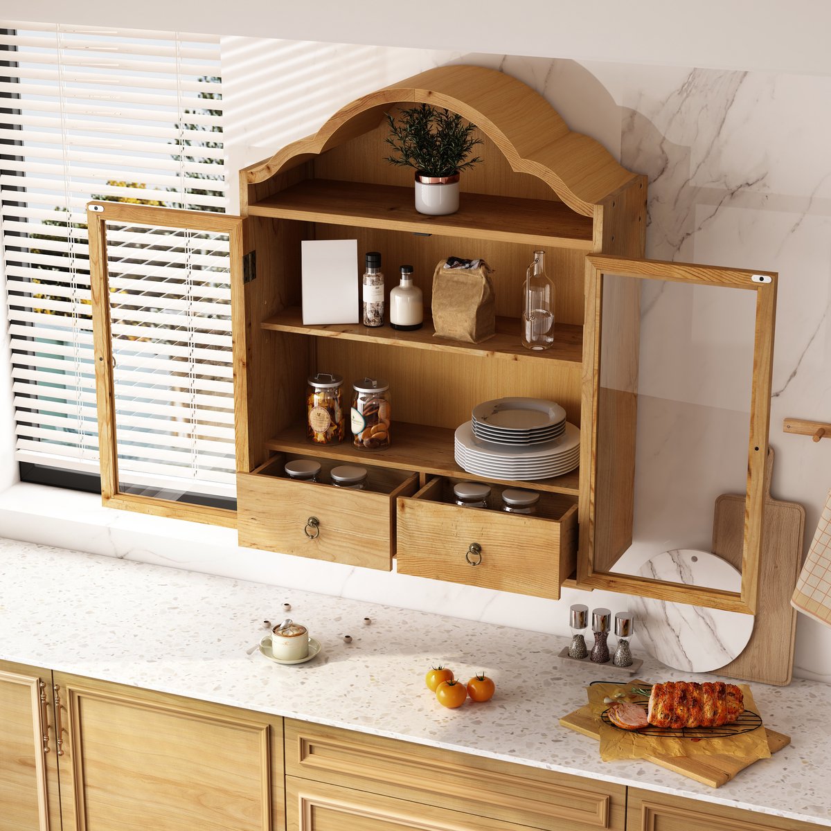 DESMIU Wandkast - Retro Houten Kast Met Glazen Deuren En Lades - Voor Keuken, Badkamer En Woonkamer - 60x22x76,5 Cm - Naturel