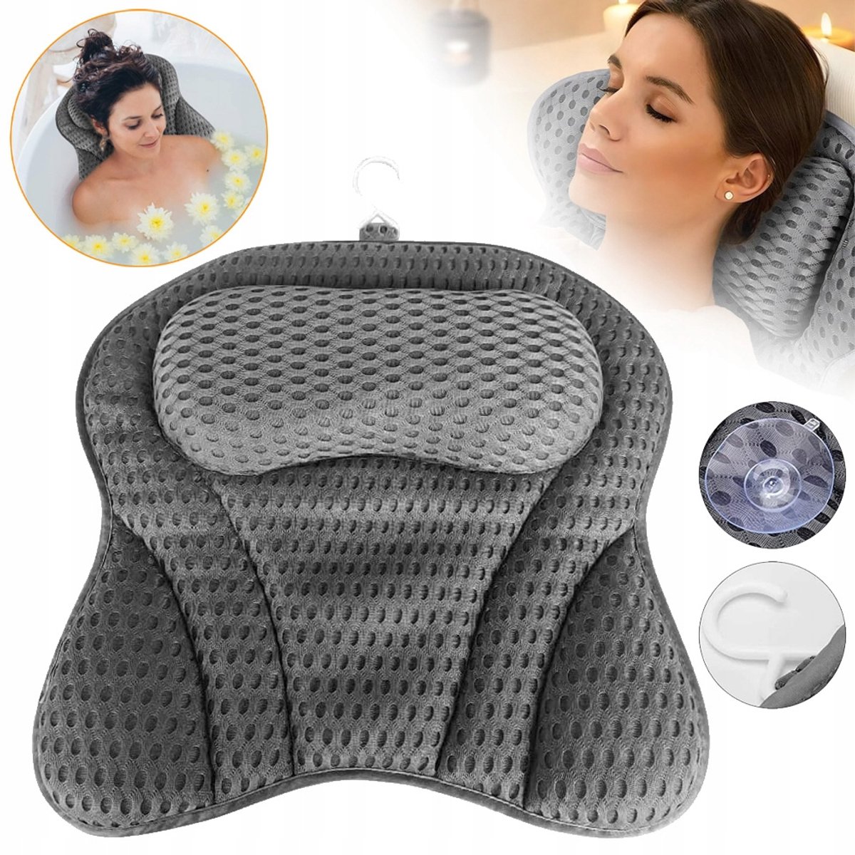 4D Air Mesh Badkussen Met 6 Zuignappen En Ophanghaak - Dikke Elastische Vulling Ademend Sneldrogend Schimmelwerend - Verlicht Nek- En Rugpijn - Donkergrijs