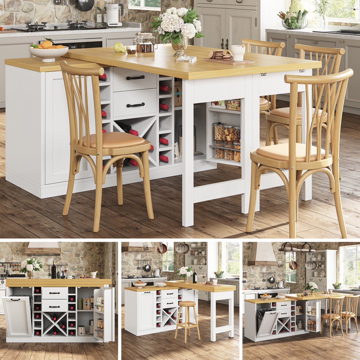 Clruro Keukeneiland - 120-223x40x73,8 cm - 360° Draaibaar - Wijnrek en Afvalhouder - MDF - Wit/Zwart