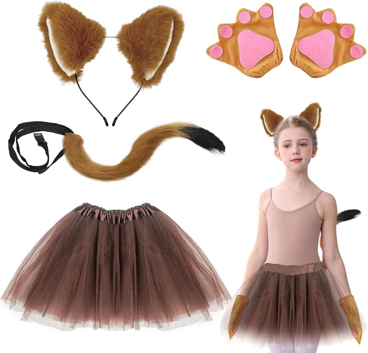 Schattig vos kostuum voor kinderen met oortjes, lange staart en handschoenen voor meisjes - Perfect voor feestjes en verkleedpartijen